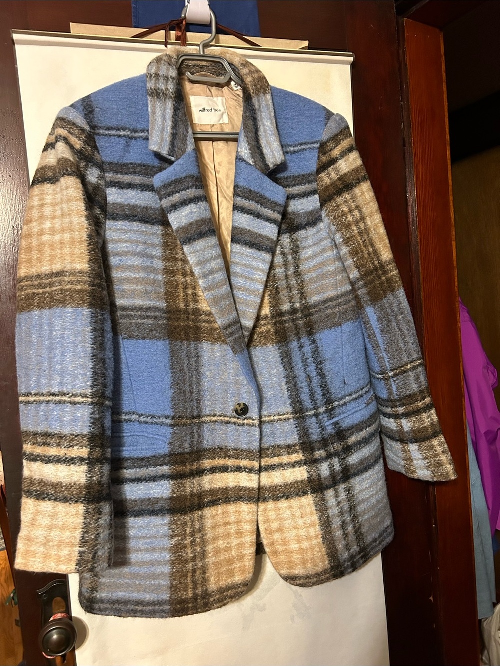 Wilfred Free Toro Blue Brown Plaid Wool 73% Blend Blazer, medium